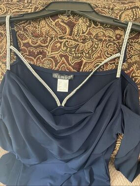 NWOT VENUS Navy Evening midi dress with Rhinestone Straps. Cold shoulder. Small